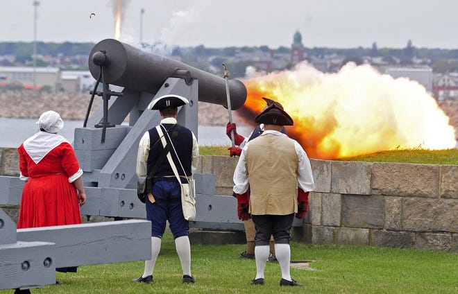 Fire pours out of the barrel of one the cannons at Fort Phoenix in Fairhaven. DAVID W. OLIVEIRA/STANDARD-TIMES SPECIAL