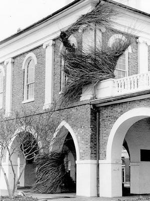 Patrick Dougherty's first natural sculpture in Fayetteville was a sculpture at the Market House in 1987.