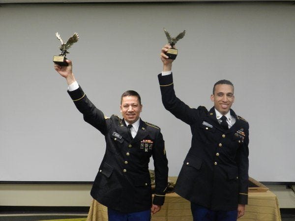 Sgt. William T. Moss, left, earned Noncommissioned Officer of the Year and Spc. Joseph A. Woolfolk earned Soldier of the Year at the 20th CBRNE Command Best Warrior competition.