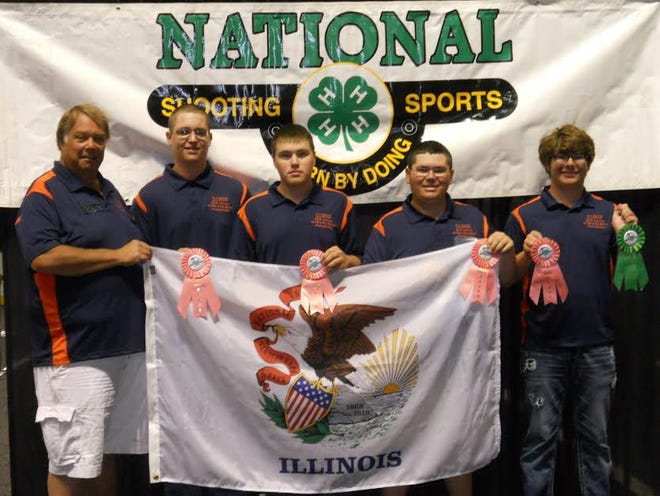 The Illinois 4H Shotgun Team from left are:Coach William Peterson, Brice Switzer, Brandon Goldhammer, Ethan Mathias and Darrin Hawkins.  Hawkins was 6th place individual in trap shooting and team was 4th overall in trap.  108 participants and 29 states participating. Photo submitted.