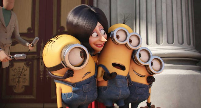 Scarlet Overkill (voiced by Sandra Bullock), second from left, appears with minions Stuart, left, Kevin and Bob in "Minions," opening Friday.