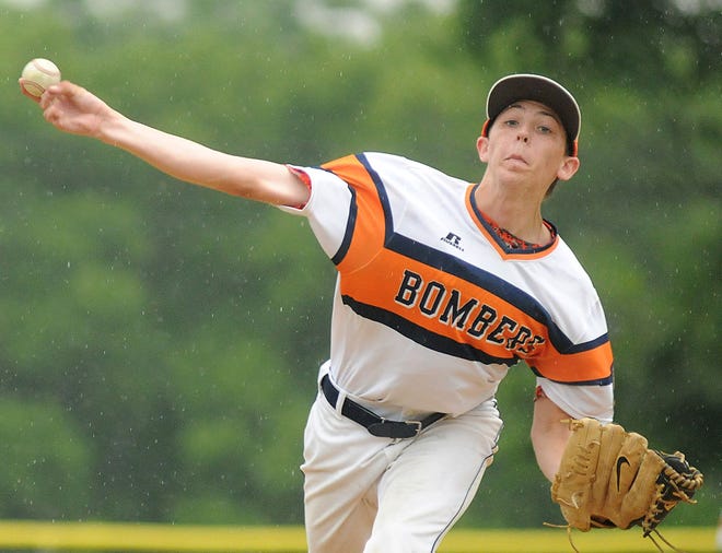 Northampton pitcher Connor Laigaie (7) pitches in the rain during their game against Falls in Northampton on Thursday, July 2, 2015.