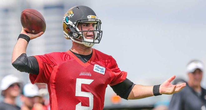 Jacksonville Jaguars Quarterback Blake Bortles throws a pass in a scrimmage during organized team activities on June 9 in Jacksonville. (The Florida Times-Union/Gary McCullough)