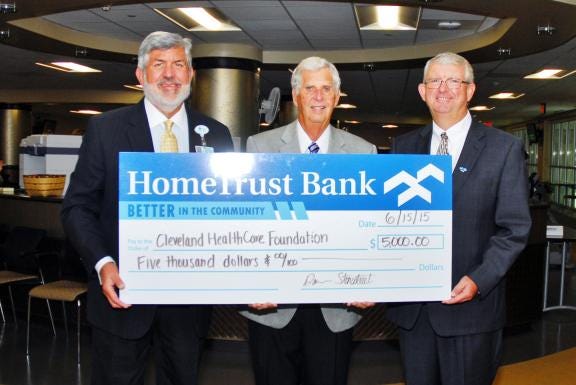 Pictured receiving the gift are, left to right, Dick Baker; Executive Director, HealthCare Foundation of Cleveland County, Frank Beam; Chair, HealthCare Foundation of Cleveland County Board of Directors and Rick Washburn, Market President for HomeTrust Bank, Shelby.  (Photo provided)