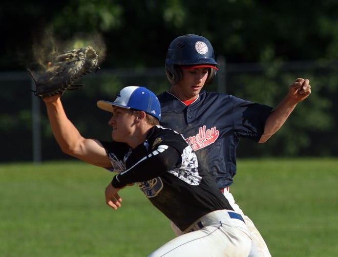Bristol at Yardley-Western Lower Bucks League American Legion baseball game played at Neshaminy High School. Dust flies from first baseman Mike Heller’s glove as Yardley-Western's Anthony Raposelli is back safe. Photo by William Johnson