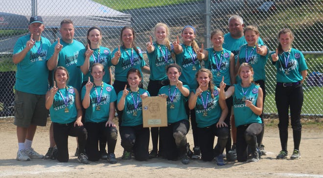 The Seacoast Shock won the state 16U Babe Ruth Softball title.
Front Row, left to right: Maddie Eastman, Callie Heselton, Faith Vachon, Molly Glidden, Tory Paquette and Emily Hughes.
Back Row, left to right: Coach Mike Vining, Coach Jim Vachon, Sophia Randall, Kylee West, Ashley Vining, Anna Cartelli, Sylvia Hamilton, Coach Pete Eastman, Kaylah Eastman and Meaghan Sandler.