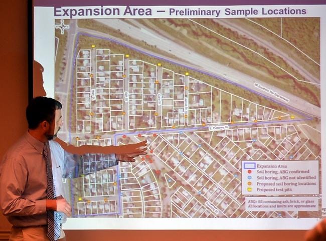 Greg McLean, project manager for the DEC's Houghton Plot soil study, shows the expanded study area during a March public meeting in Corning. Testing will begin in the expanded area this month under the state's Superfund program.