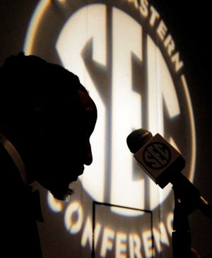 Arkansas safety Alan Turner speaks to the media at the Southeastern Conference NCAA college football media days, Wednesday, July 16, 2014, in Hoover, Ala. (AP Photo/Butch Dill)