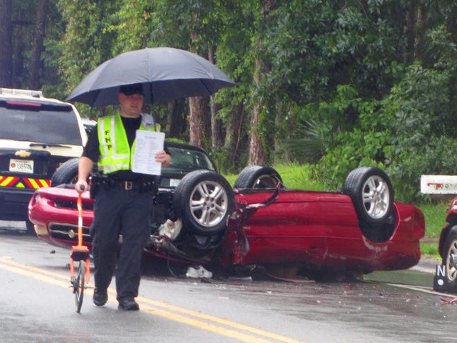 A Chrysler Sebring convertible crashed into parked cars and rolled over, killing the driver, on County Road 484 in Dunnellon on Saturday.
