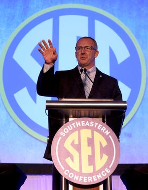 SEC Commissioner Greg Sankey speaks during the SEC college football media days on Monday in Hoover, Ala. (AP Photo/Butch Dill)
