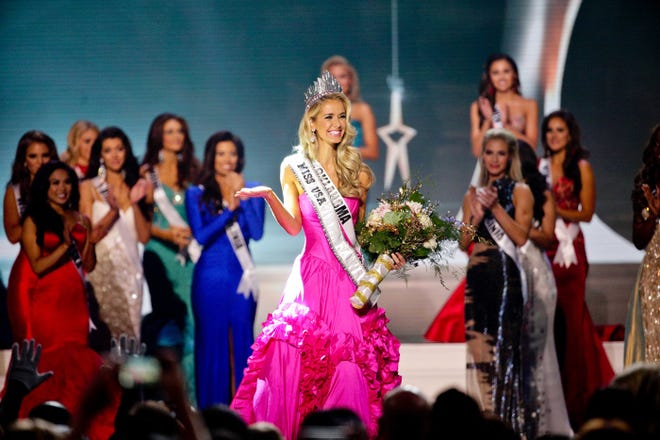 Miss Oklahoma Olivia Jordan celebrates after being named Miss USA during the 2015 Miss USA pageant in Baton Rouge, La., Sunday, July 12, 2015.