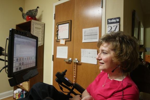 Lynn Hamrick has had MS for over 23 years and can no longer move below the neck, but used eye-gaze technology to write a book in 2014. The computer needed replacing so she asked for help. In two weeks the community helped her raise $15,000 for a new computer, (Star File photo)