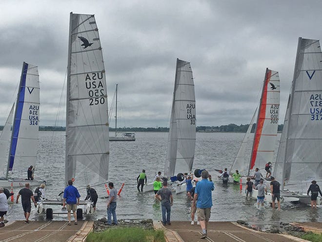 Competitors launch at the U.S. Sailing Youth championships.