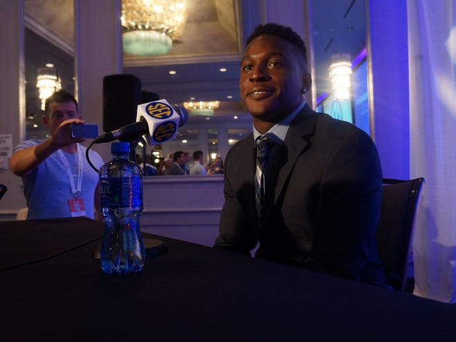 Florida's Brandon Powell speaks to the media during SEC Media Days on Monday in Hoover, Ala.