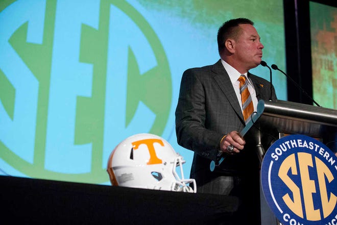 Tennessee coach Butch Jones speaks to the media at the Southeastern Conference NCAA college football media days, Tuesday, July 14, 2015, in Hoover, Ala.
