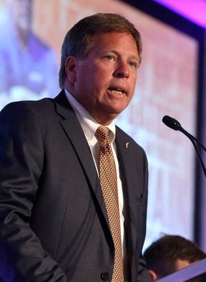 Florida coach, Jim McElwain, speaks to the media at the Southeastern Conference NCAA college football media days, Monday, July 13, 2015, in Hoover, Ala. (AP Photo/Butch Dill)