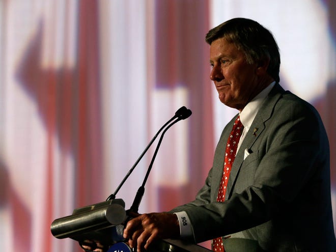 South Carolina coach Steve Spurrier speaks to the media at SEC Media Days on Tuesday in Hoover, Ala.