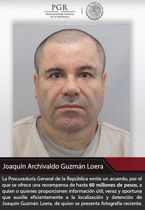 This poster provided by Mexico's attorney general shows the most recent image of drug lord Joaquin "El Chapo" Guzman before he escaped from the Altiplano maximum security prison in Almoloya, west of Mexico City, Sunday.