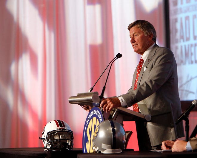 South Carolina coach Steve Spurrier speaks to the media at the Hyatt Regency Birmingham - Wynfrey Hotel during the second day of SEC Media Days on Tuesday July 14, 2015 in Hoover, Ala. staff photo | Michelle Lepianka Carter