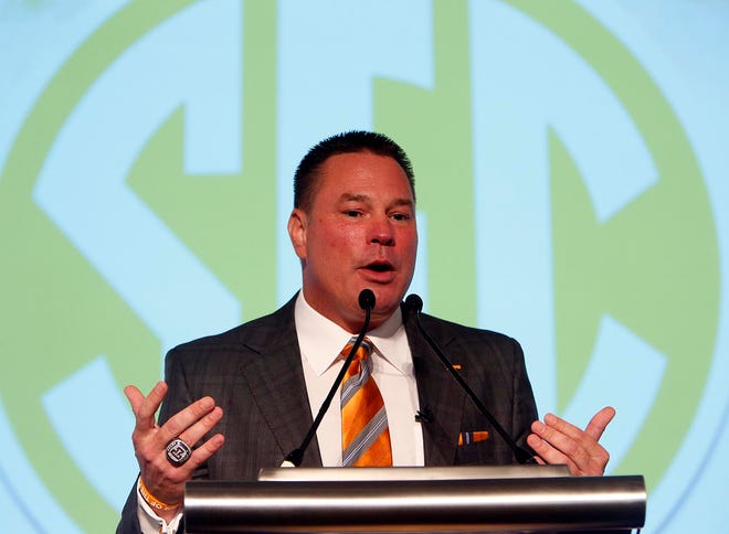 Tennessee coach Butch Jones speaks to the media at the Hyatt Regency Birmingham - Wynfrey Hotel during the second day of SEC Media Days on Tuesday July 14, 2015 in Hoover, Ala. staff photo | Michelle Lepianka Carter