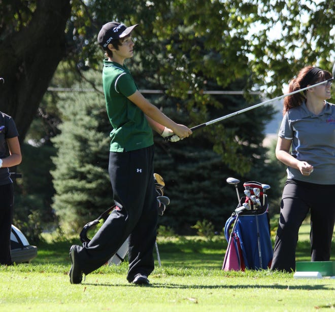 Lincoln junior-to-be Izzy Stiefvater launches a drive during a golf tournament at the Lincoln Elks Club last fall. She finished runner-up in the Drysdale Tournament's First Flight in Springfield last week. Photo by Bill Welt/The Courier