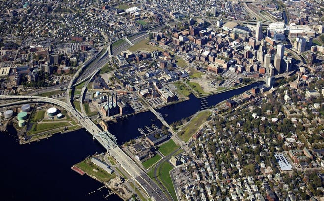 An aerial view of downtown Providence shows the former 195 land.