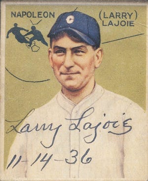 The subject of the Fall River Historical Society's Baseball lecture, hall of famer Nap "Larry" Lajoie, is pictured on a signed "Goudy" vintage baseball card from 1933. PHOTO COURTESY PSA AUTOGRAPHFACTS