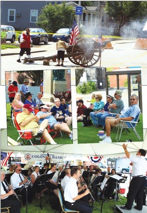 Clockwise from left: Cannons are fired in downtown Leominster. The Biscegalia family takes in the sounds on the Common. Members of the Leominster Colonial Band perform on the Leominster Common. People on the Leominster Common watch the Leominster Colonial Band concert and enjoy ice cream.