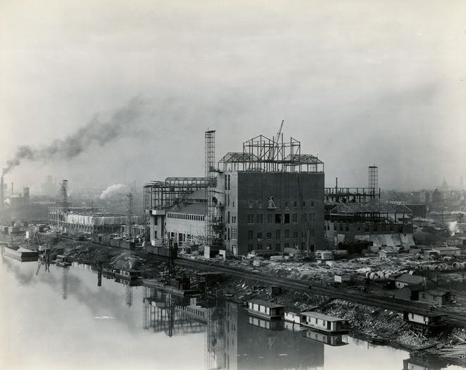 In this 1934 photo, the Hiram Walker & Sons Distillery is shown shortly after its grand opening. At cost of $5 million, the plant was built at the foot of Edmund Street as the largest distillery in the world.