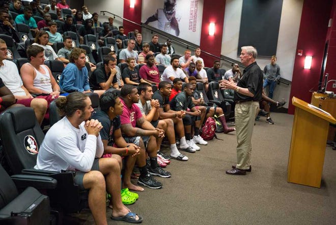 Photo credit to Bill Lax/Florida State University - 7/13/15 - Florida State University president John Thrasher addresses the football team on Monday July 13, 2015.