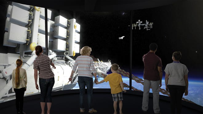 This artist rendering provided by the designers, Evergreen Exhibitions, shows "Immersive Theater ," part of new high-tech interactive exhibition, "Above and Beyond: The Ultimate Interactive Flight Exhibition," about the future of flight opening soon at the Smithsonian’s National Air and Space Museum in Washington that could serve as an important test case for new technologies to overhaul the museum.