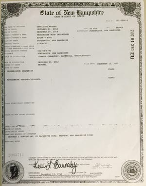 The late Geraldine Webber's death certificate. Her cause of death is exepcted to be the topic of discussion at an upcoming Police Commission meeting.