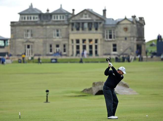 Scotland Paul Lawrie plays from the 18th tee during the third round at the British Open Golf Championship at the Old Course, St. Andrews, Scotland, Sunday, July 19, 2015.