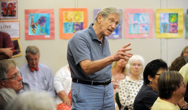Wayland resident Marty Nichols speaks at the Wayland School Committee meeting Monday afternoon, which drew dozens of residents in spite of the mid-day hour. 

Daily News Staff Photo/Art Illman