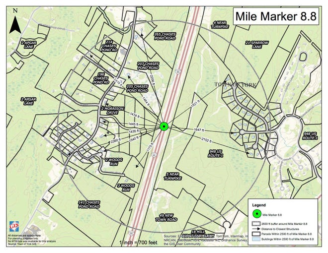 This map, created by the town of York, indicates all homes that are within a half-mile radius of the recommended site for a new toll plaza on the Maine Turnpike. 

Courtesy image