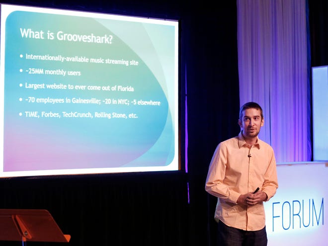 In this Aug. 20, 2014 file photo Josh Greenberg, co-founder of Grooveshark, talks about how the company got started in Gainesville, during the Gainesville Area Chamber of Commerce's iG Forum at the Hippodrome Theatre. Greenberg died over the weekend at the age of 28.