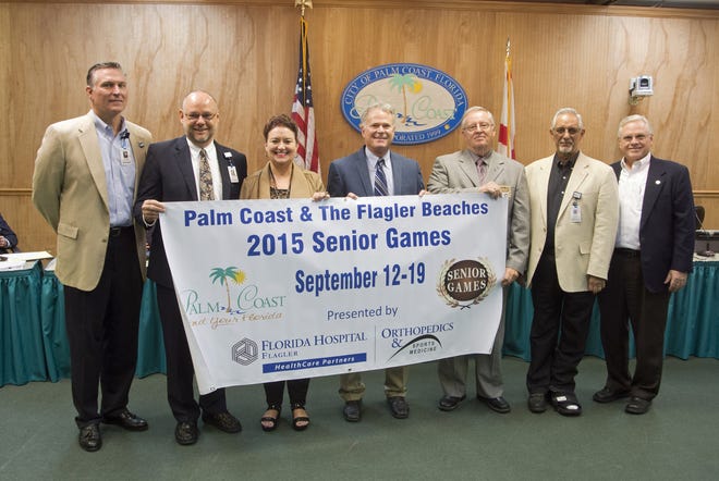 Kicking off the 2015 Palm Coast & the Flagler Beaches Seniors Games were, from left, John Subers, Ken Mattison, Ginger Parnell, Dr. Dennis Alter, Bill McGuire, Tony Papandrea and Bill Tol. Photo provided by City of Palm Coast