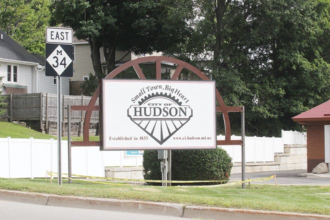 A new gateway sign at the West Main Street entrance to Hudson was installed Tuesday and is awaiting masonry finish work.