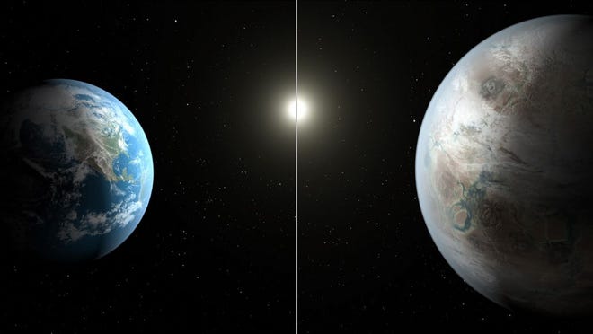 This artist's rendering made available by NASA on Thursday, July 23, 2015 shows a comparison between the Earth, left, and the planet Kepler-452b. It is the first near-Earth-size planet orbiting in the habitable zone of a sun-like star, found using data from NASA's Kepler mission. The illustration represents one possible appearance for the exoplanet — scientists do not know whether the it has oceans and continents like Earth. (NASA/Ames/JPL-Caltech/T. Pyle via AP)