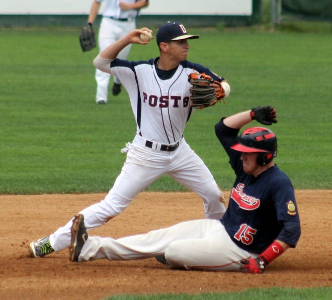 Dover Post 8 shortstop Ryan Cordeiro, left, throws to first after getting getting the force out on Sweeney's Cody Bassett during state tournament action on Friday in Nashua. John Doyle/Fosters.com