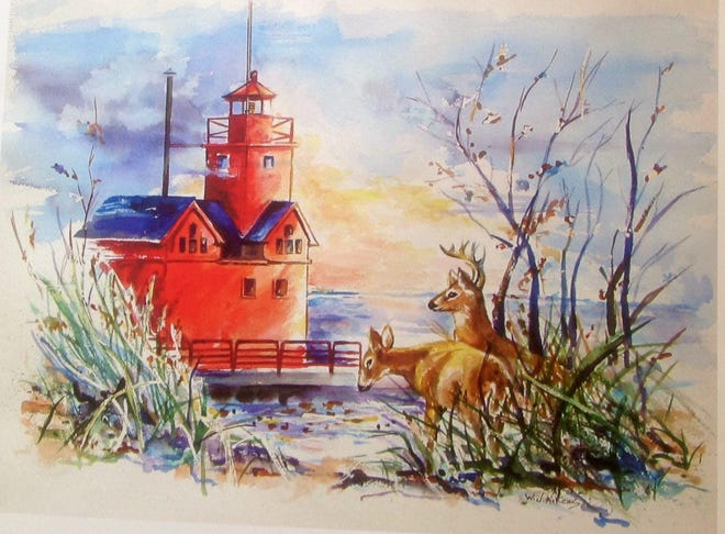 A signed and numbered print of the Holland lighthouse by local artist Wanda Aikens will be auctioned at the garage sale at Peace Lutheran Church. Contributed