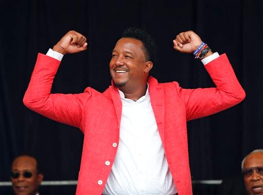 Pedro Martinez is all smiles during an awards ceremony at Doubleday Field on Saturday in Cooperstown, N.Y. AP Photo
