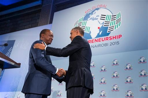 President Barack Obama, right, shakes hands with Kenyan President Uhuru Kenyatta before delivering a speech at the Global Entrepreneurship Summit at the United Nations Compound, on Saturday, July 25, 2015, in Nairobi. Obama's visit to Kenya is focused on trade and economic issues, as well as security and counterterrorism cooperation. (AP Photo/Evan Vucci)