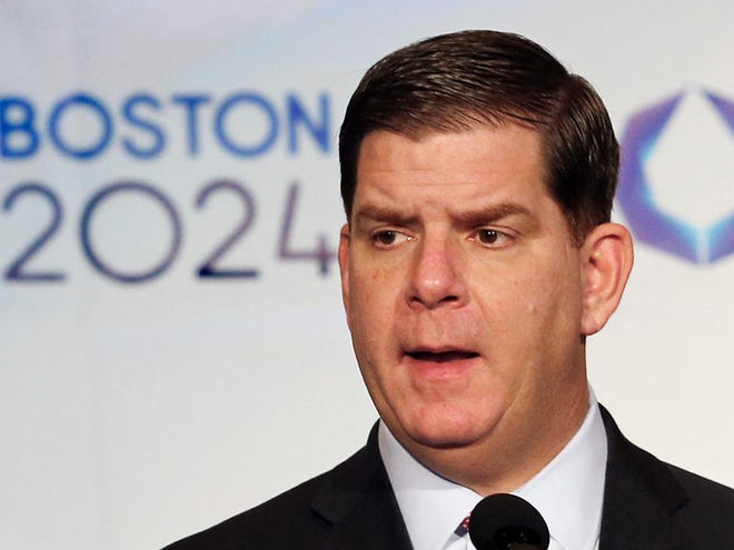 In this Jan. 9, 2015, file photo, Boston Mayor Martin Walsh speaks during a news conference in Boston after the city was picked by the USOC as its bid city for the 2024 Olympic Summer Games. Walsh said Monday, July 27, 2015, he won't sign a host city contract, which is key to the city's bid, without more assurances that taxpayers won't foot the bill.