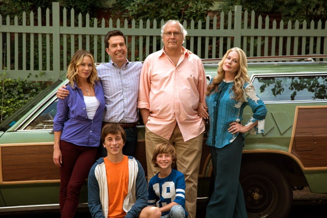 Chevy Chase and Beverly D'Angelo (right) return as the Griswolds in "Vacation," costarring Christina Applegate (left), Ed Helms, Skyler Gisondo (kneeling left) and Steele Stebbins.