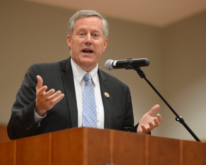In this May 2014 photo, U.S. Rep. Mark Meadows speaks during the Top Scholars Banquet at Blue Ridge Community College.