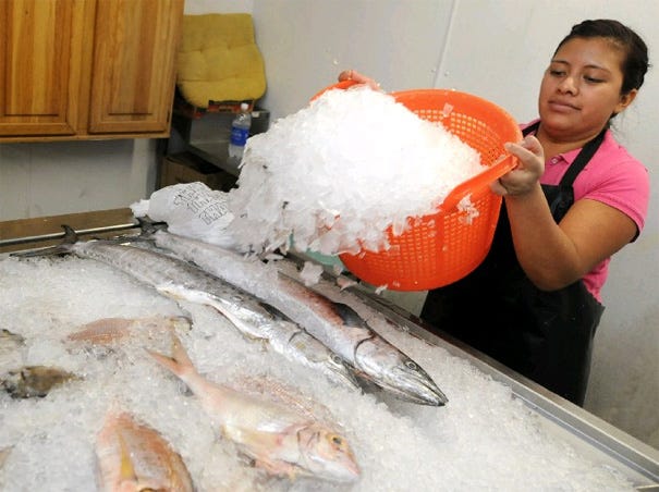 Marisal Aquino pours ice over fish at Eagle Island Fruit and Seafood in Wilmington on Thursday. The Mid-Atlantic Fishery Management Council approved a resolution to ban a variety of fishing practices in a swath of Atlantic reef areas from North Carolina to New York.