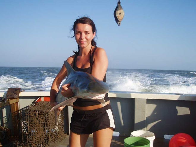 Courtesy of UNF Shark Biology Program Aida, a UNF student, holds a finetooth shark while fishing the waters off the First Coast. The UNF Shark Biology Program includes research on the physiological factors that regulate development and reproduction in aquatic vertebrates, such as sharks and rays.