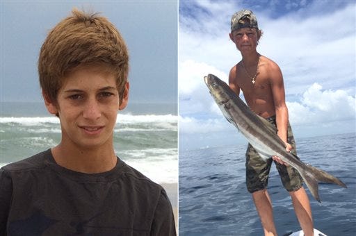 This combination made from photos provided by the U.S. Coast Guard shows Perry Cohen, left, and Austin Stephanos, both 14 years old. Cohen and Stephanos were last seen Friday afternoon in the Jupiter, Fla., area buying fuel for their 19-foot boat before embarking on a fishing trip.