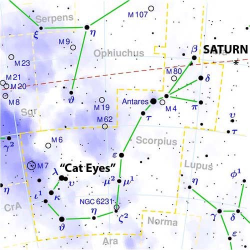 SCORPION & SATURN - This star chart show Scorpius the Scorpion, visible low in the south-southwest after evening twilight in mid-summer. Antares is a bright red-orange star. The bright planet Saturn is presently to the upper right of Antares an dis shown in its approximate position for August 2015. This chart is adapted from one created by Torsten Bronger.

Wikimedia Commons
